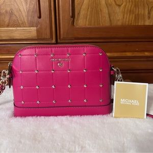 NWT Michael Kors Rubin Red Jet Set Charm Stud Large Dome Crossbody MK Logo Purse